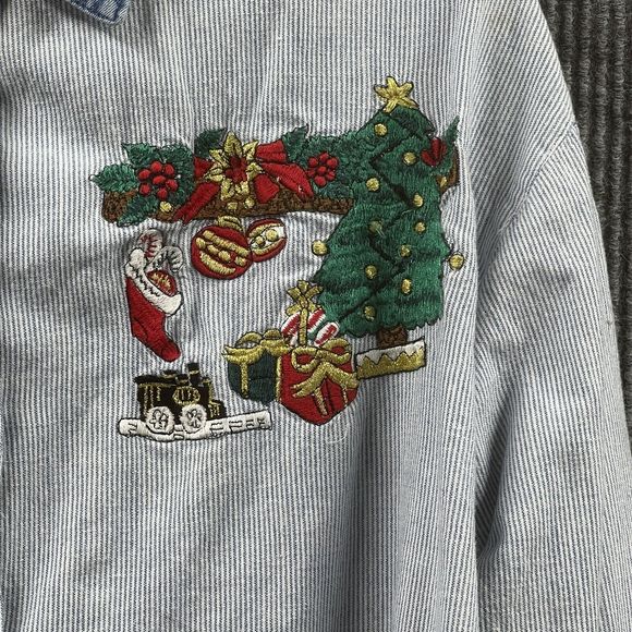 VTG 90’s New Directions Shirt Women Large Blue Stripe Christmas Embroidered Top - Picture 4 of 14